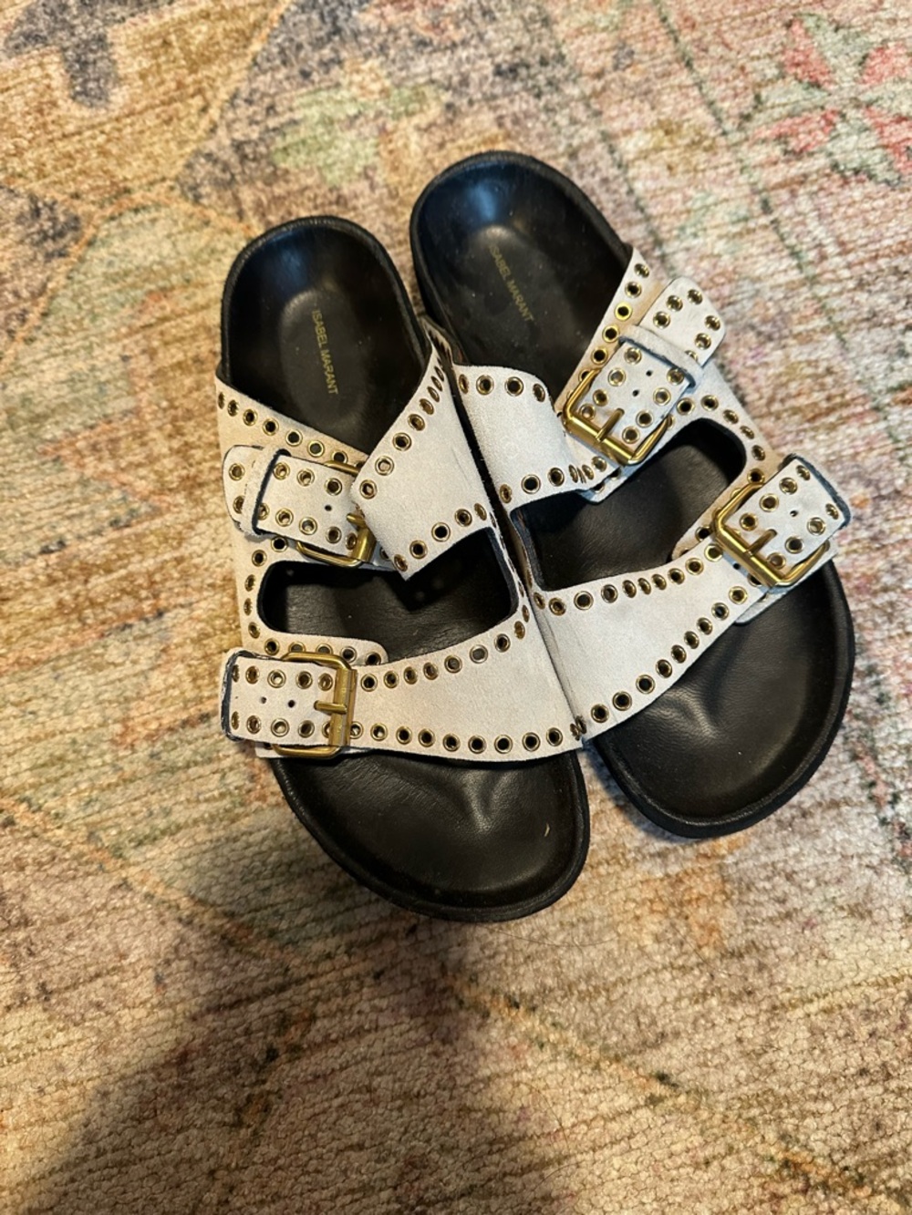 Isabel Marant Lennyo White Studded Double-Buckle Slide Sandals